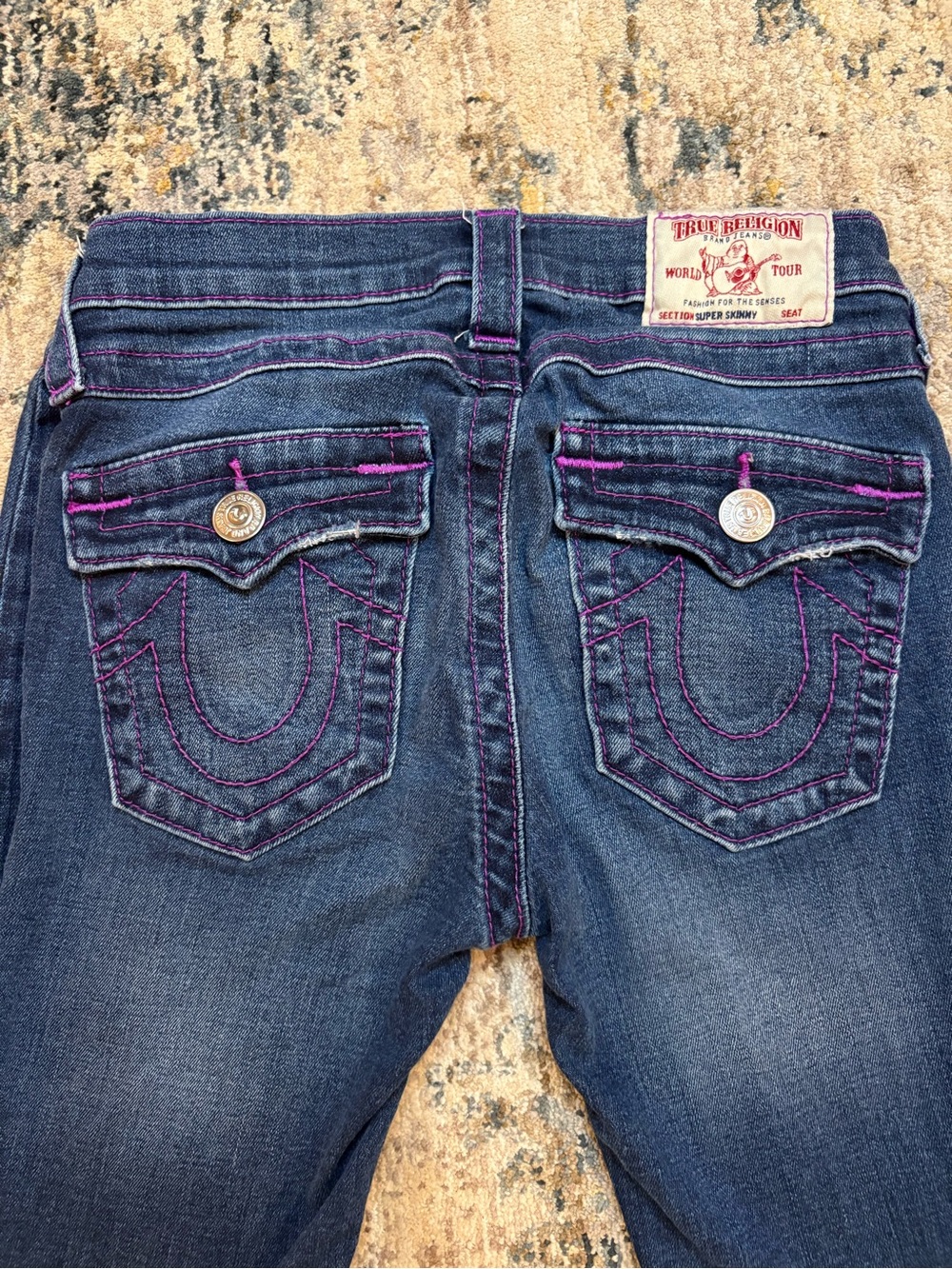 Y2K True Religion World Tour Super Skinny Distressed Blue Jeans Purple Thread 26